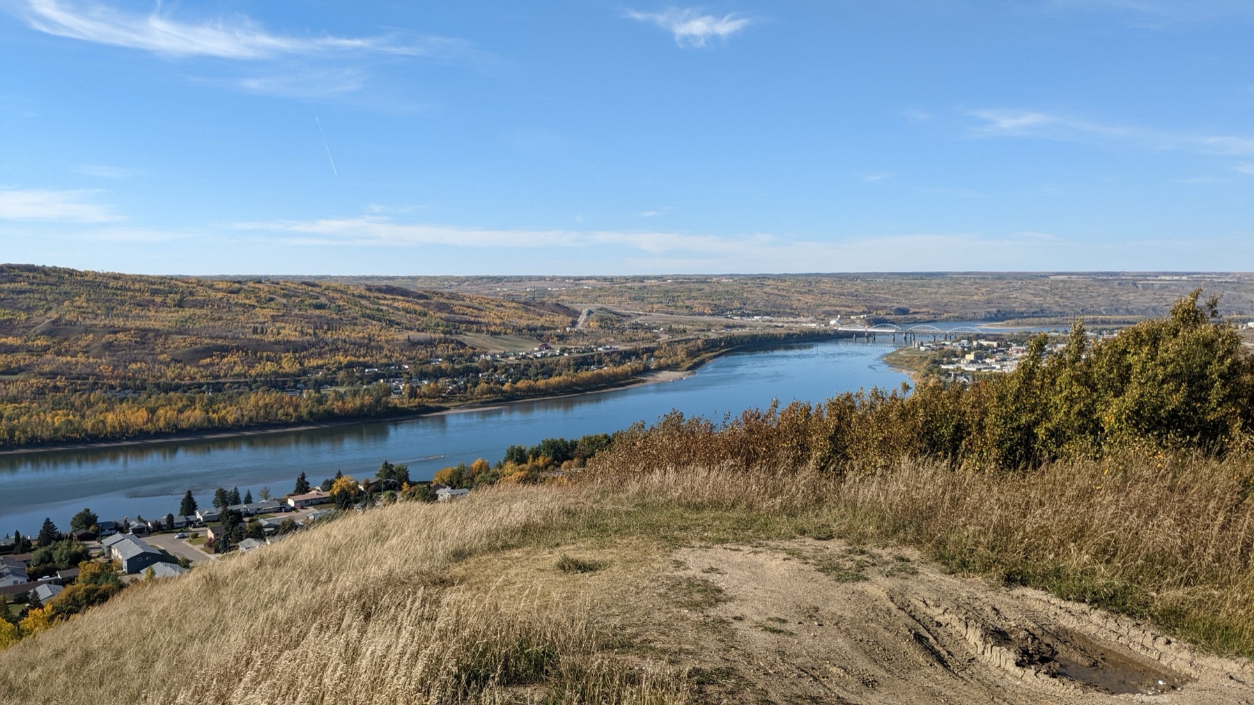 Looking out over the Peace River from the grassy bluffs, the bridge and town below