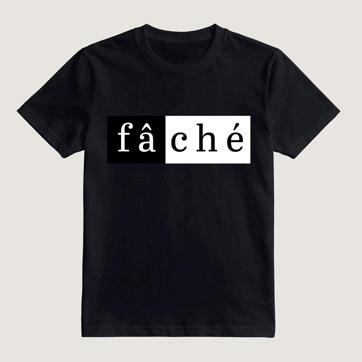 fâché tee — two-tone black and white bar print, full-chest on a black heavy cotton tee