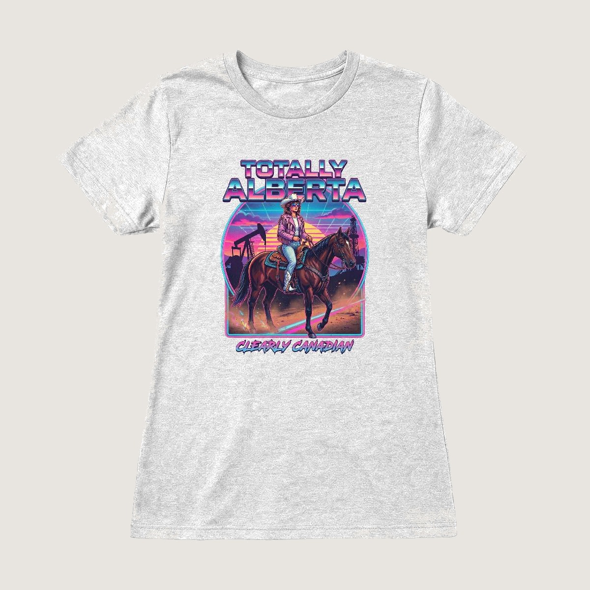 Totally Alberta! women's tee — neon cowgirl, pumpjacks and a synthwave sunset on a white tee