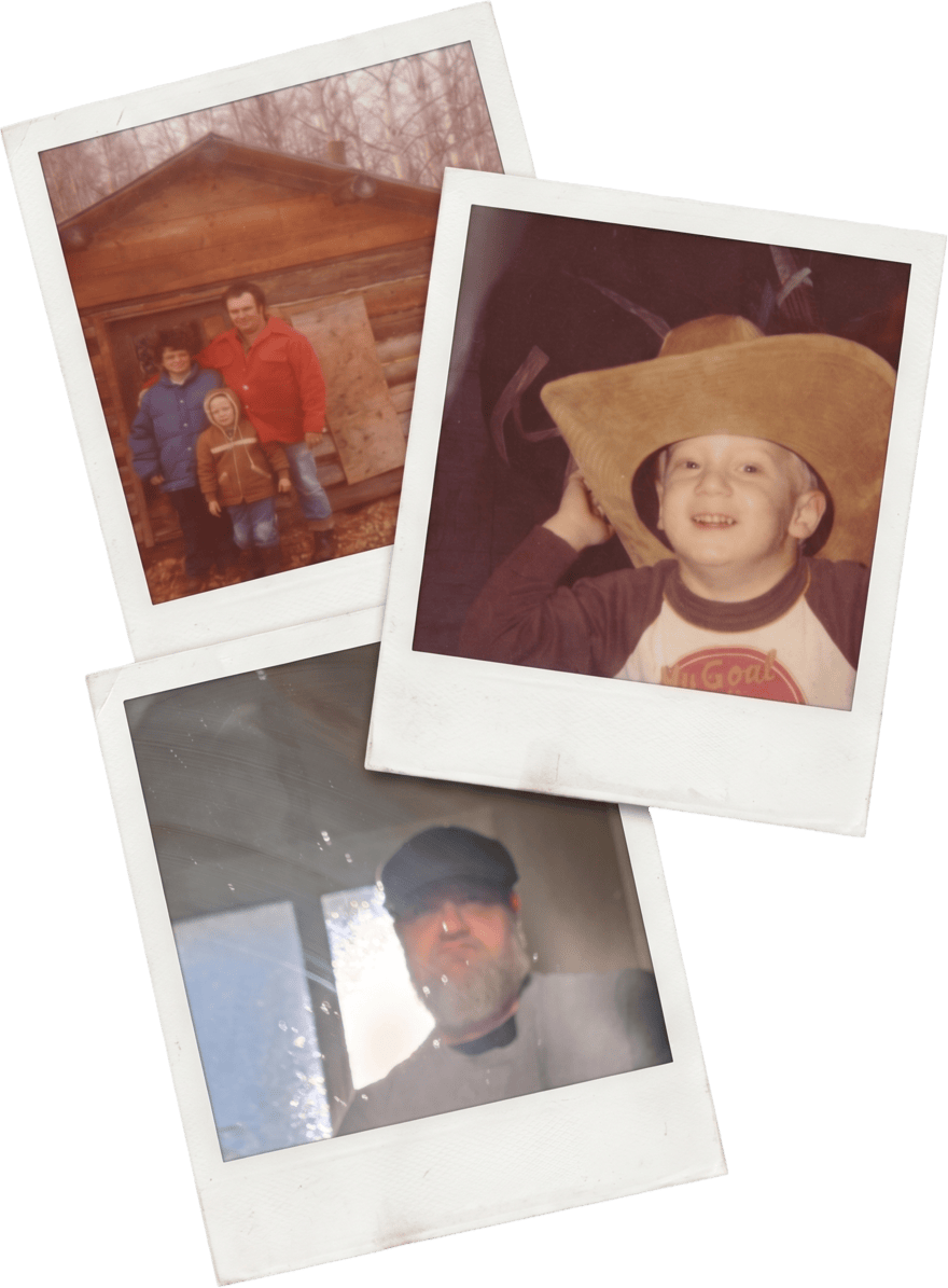 Three polaroids: a family outside a log cabin, a boy in an oversized cowboy hat, and Marty today