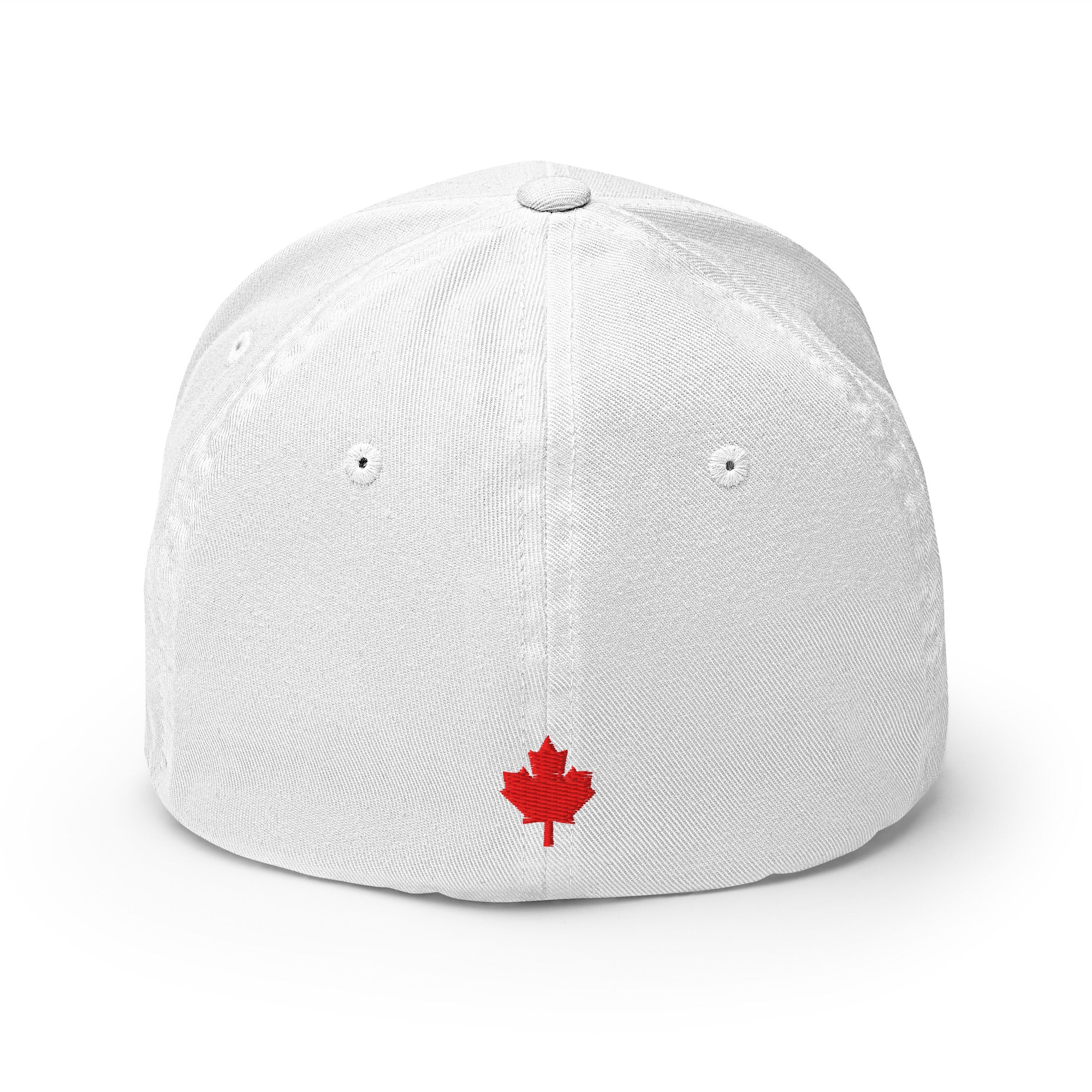 #cdnpoli flex fit hat, white with red stitching, maple leaf on rear, front view
