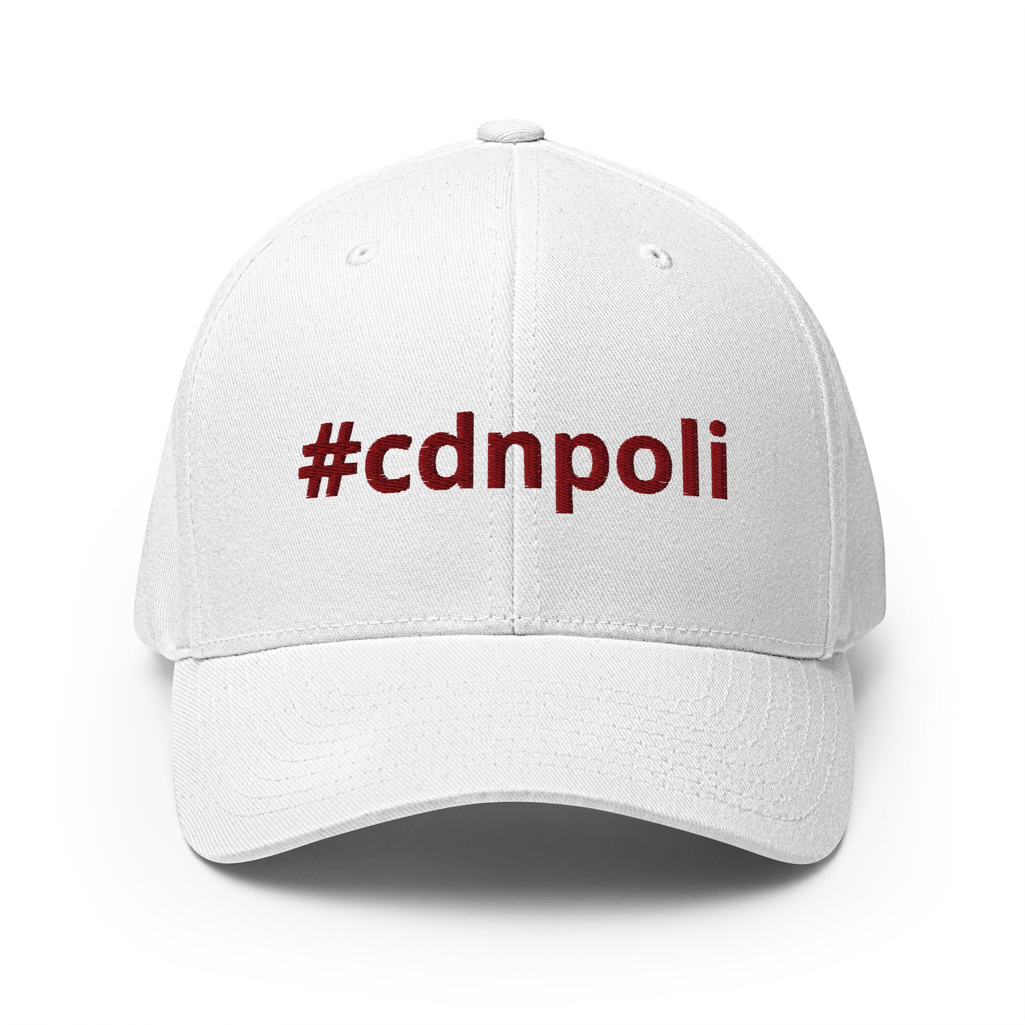 #cdnpoli flex fit hat, white with red stitching, maple leaf on rear, front view