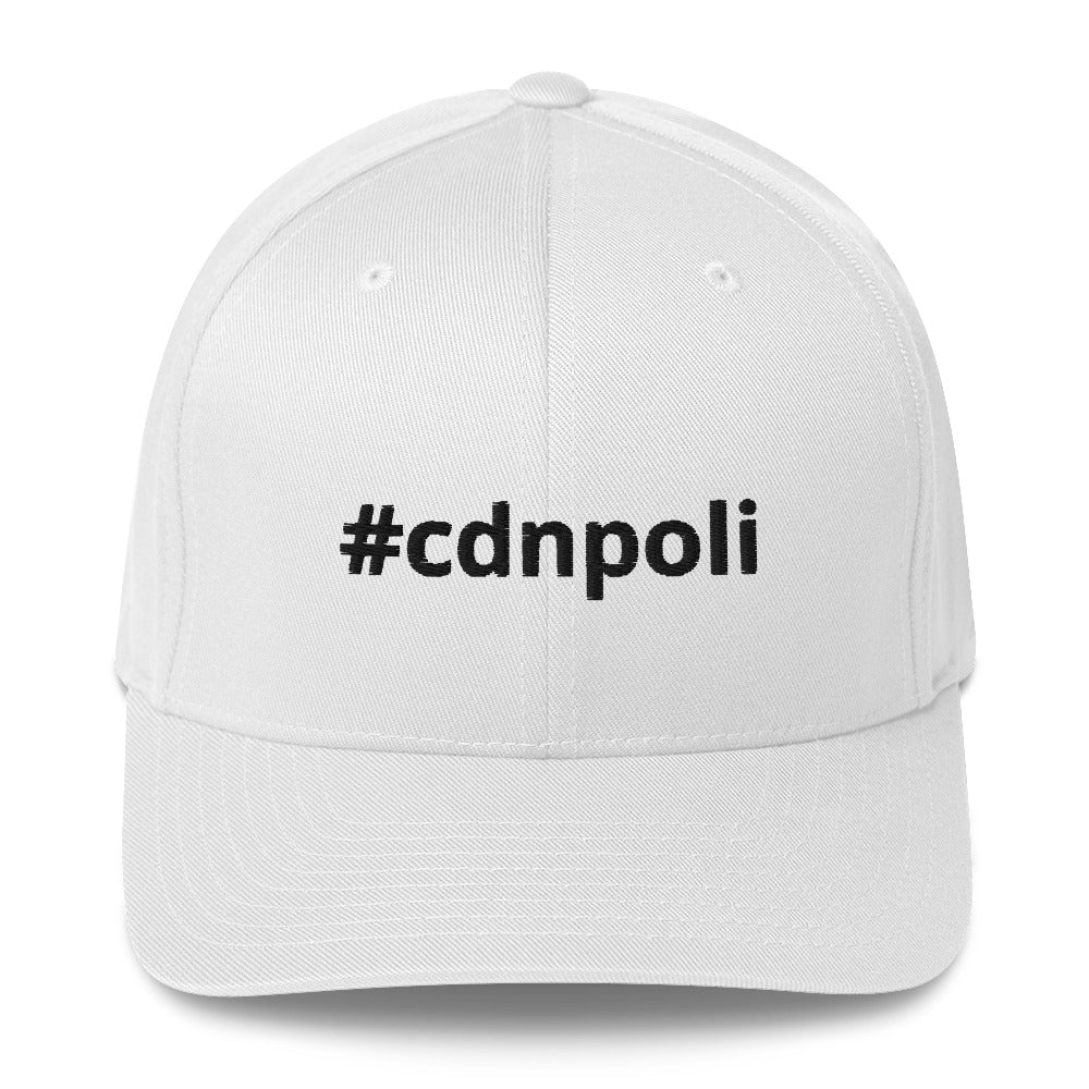 #cdnpoli flex fit hat, white with black stitching, red maple leaf on rear, front view