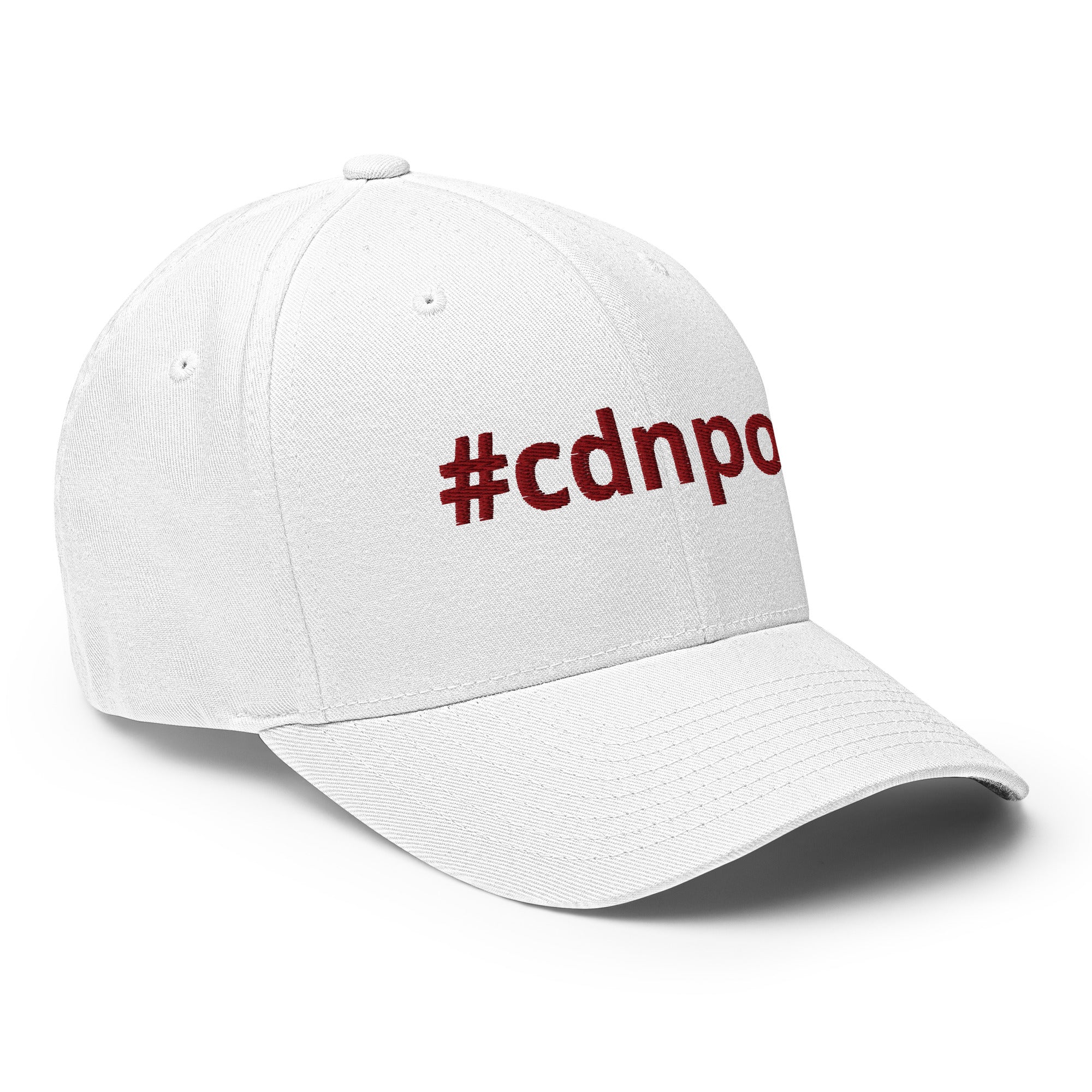 #cdnpoli flex fit hat, white with red stitching, maple leaf on rear, side view