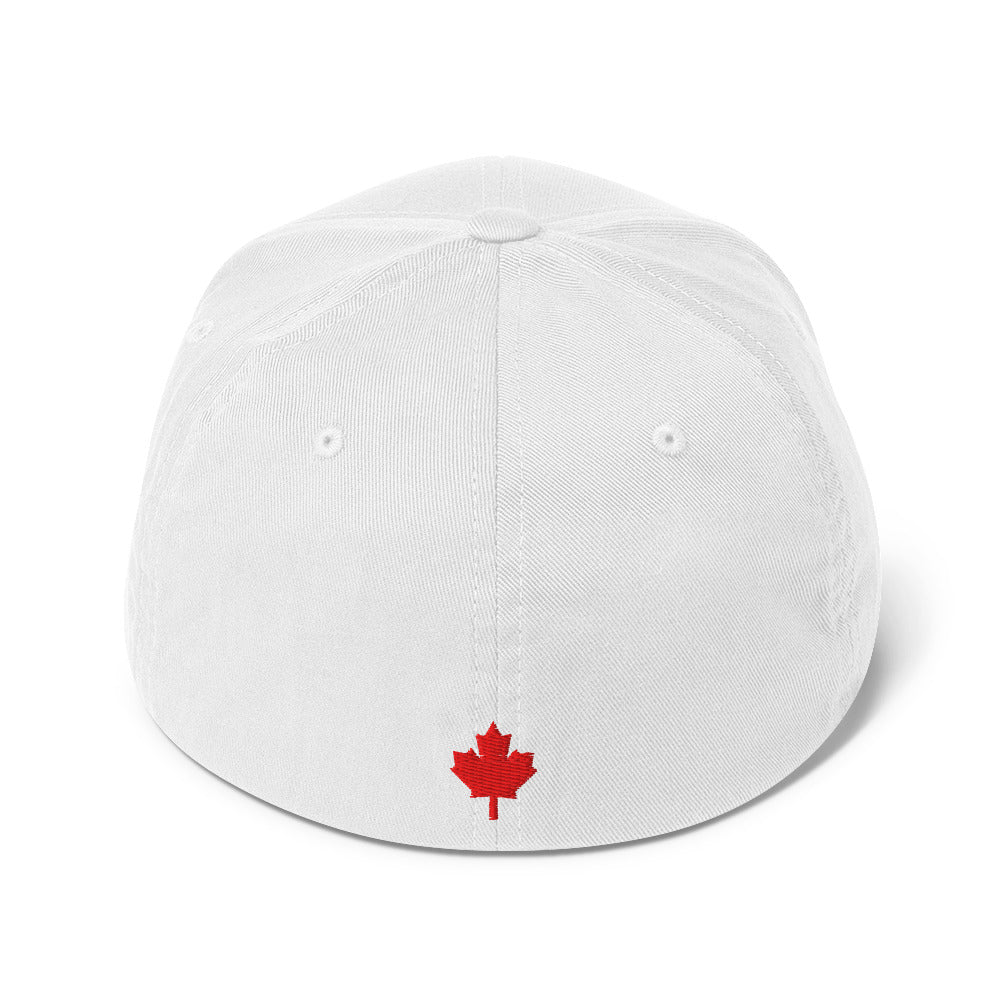 #cdnpoli flex fit hat, white with black stitching, red maple leaf on rear, rear view