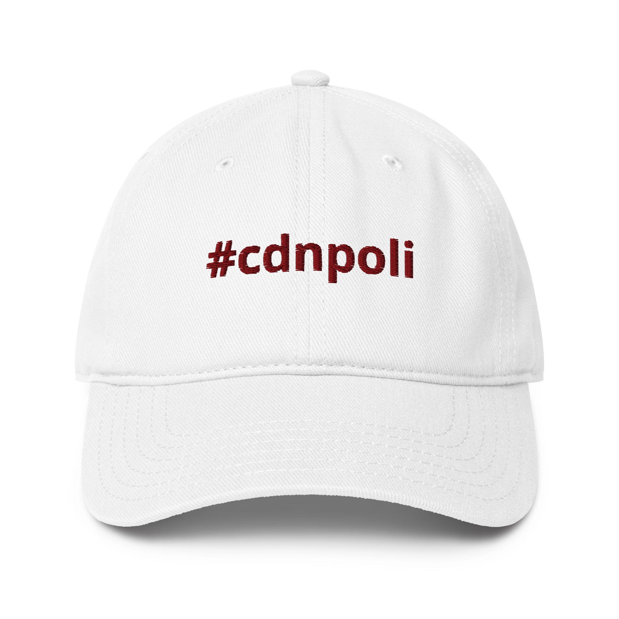 #cdnpoli ball cap, red on white, maple leaf embroidered into the rear, classic Dad hat, low profile, front view