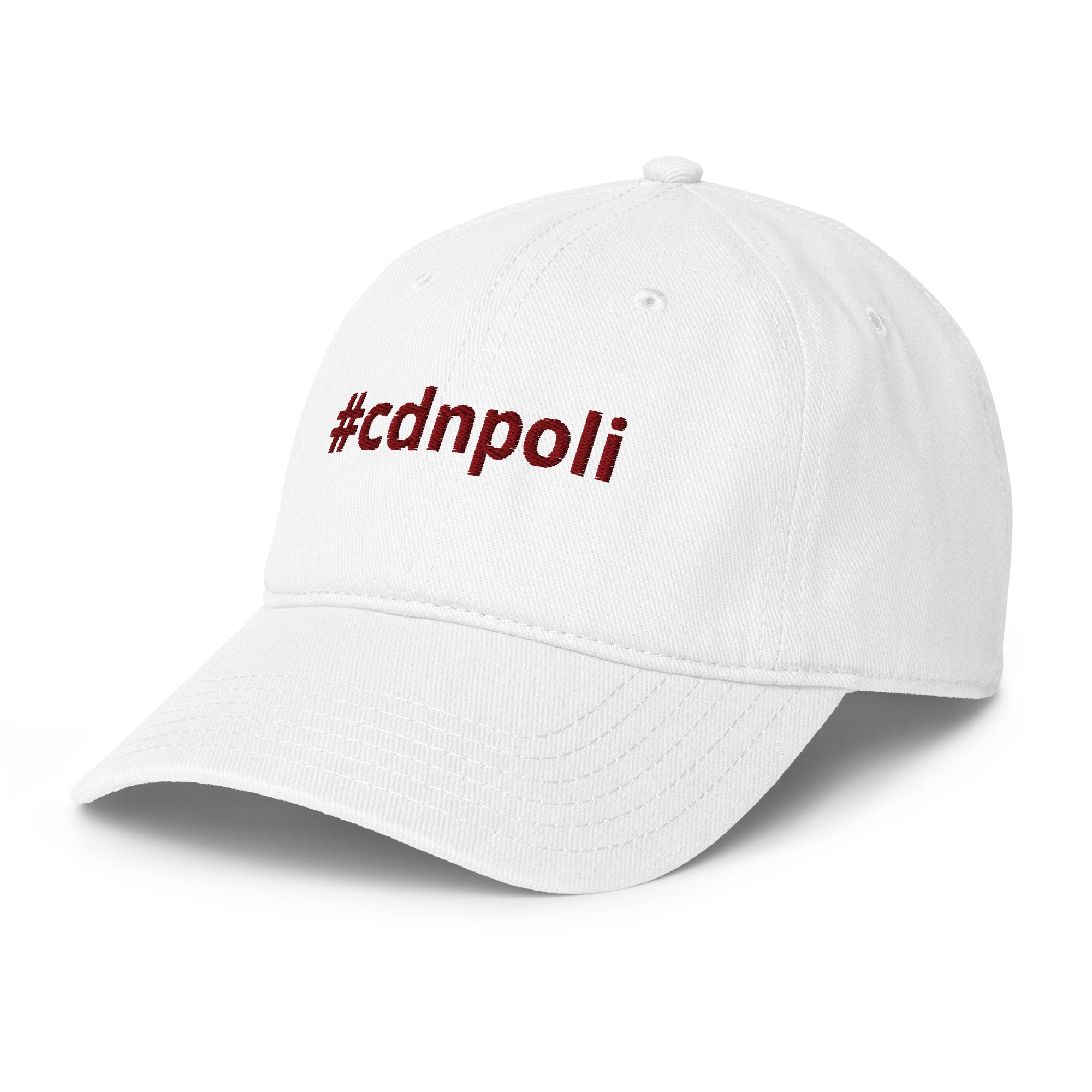 #cdnpoli ball cap, red on white, maple leaf embroidered into the rear, classic Dad hat, low profile, side view