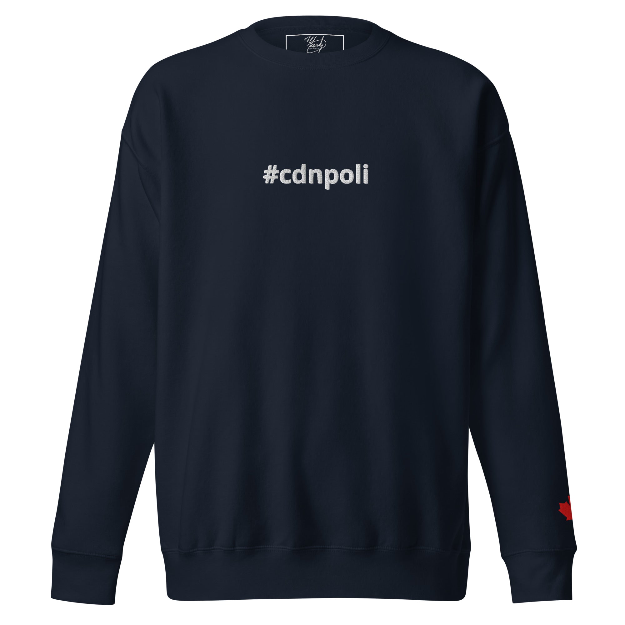 #cdnpoli sweatshirt, Royal Blue with red maple leaf on the left sleeve, Marty Clothing Co., comfortable and stylish.