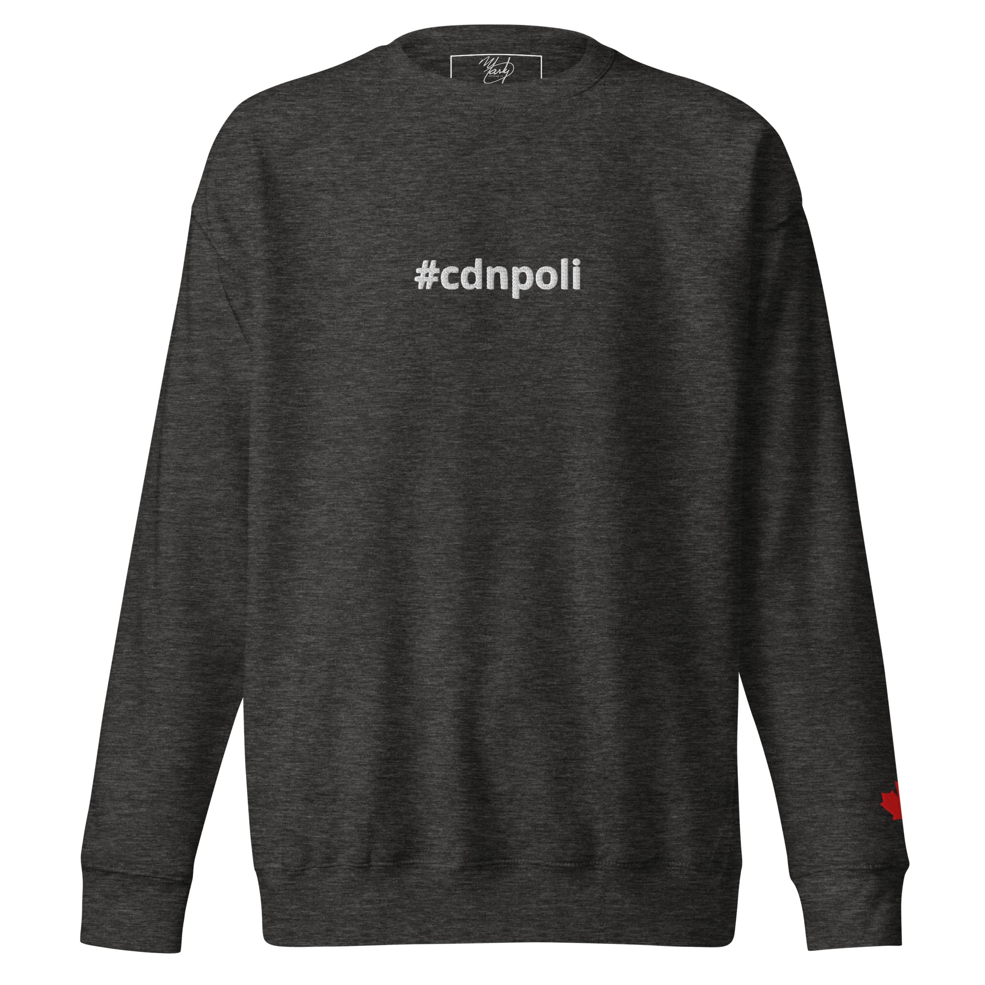 #cdnpoli sweatshirt, grey with red maple leaf on the left sleeve, Marty Clothing Co., comfortable and stylish.