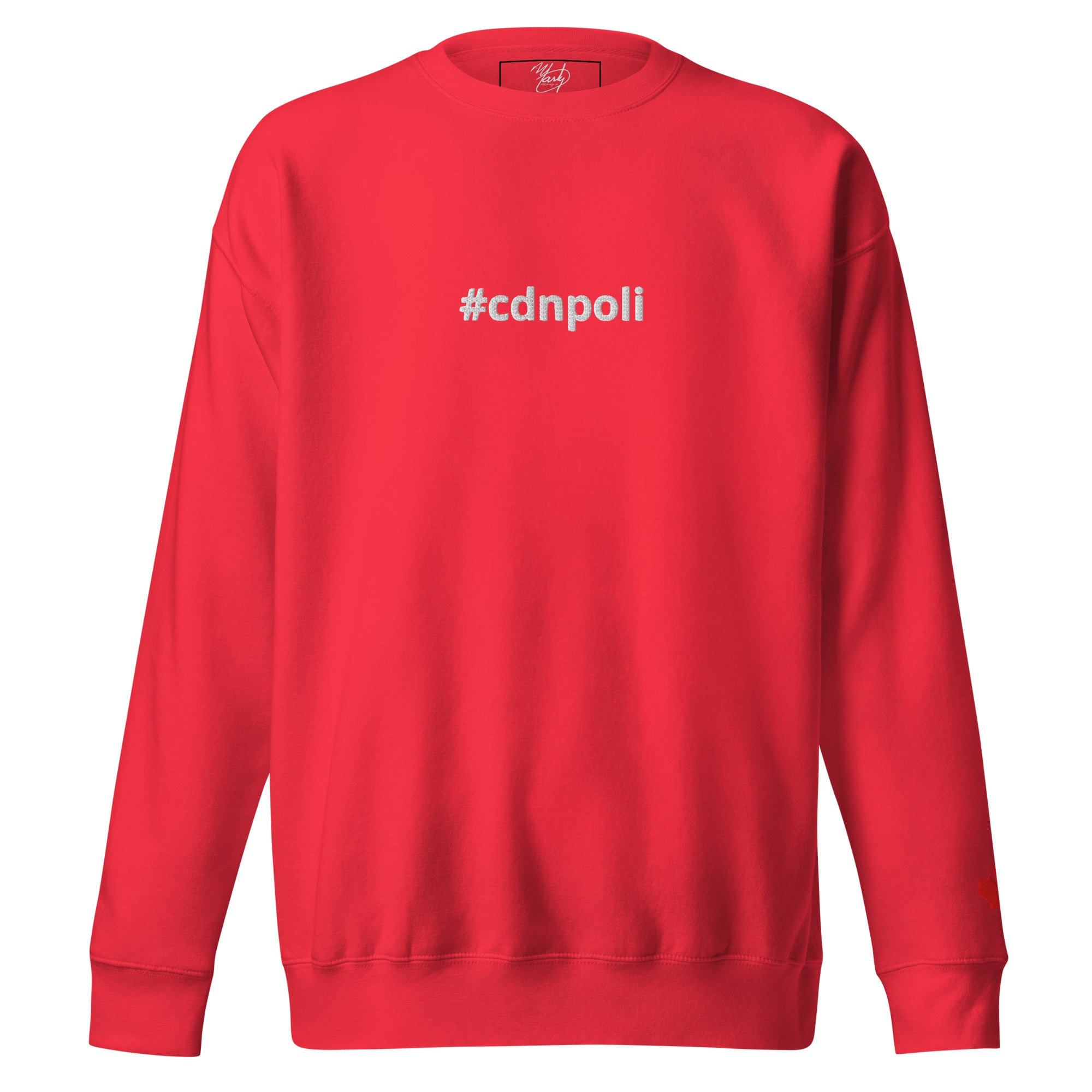 #cdnpoli sweatshirt, pink with red maple leaf on the left sleeve, Marty Clothing Co., comfortable and stylish.