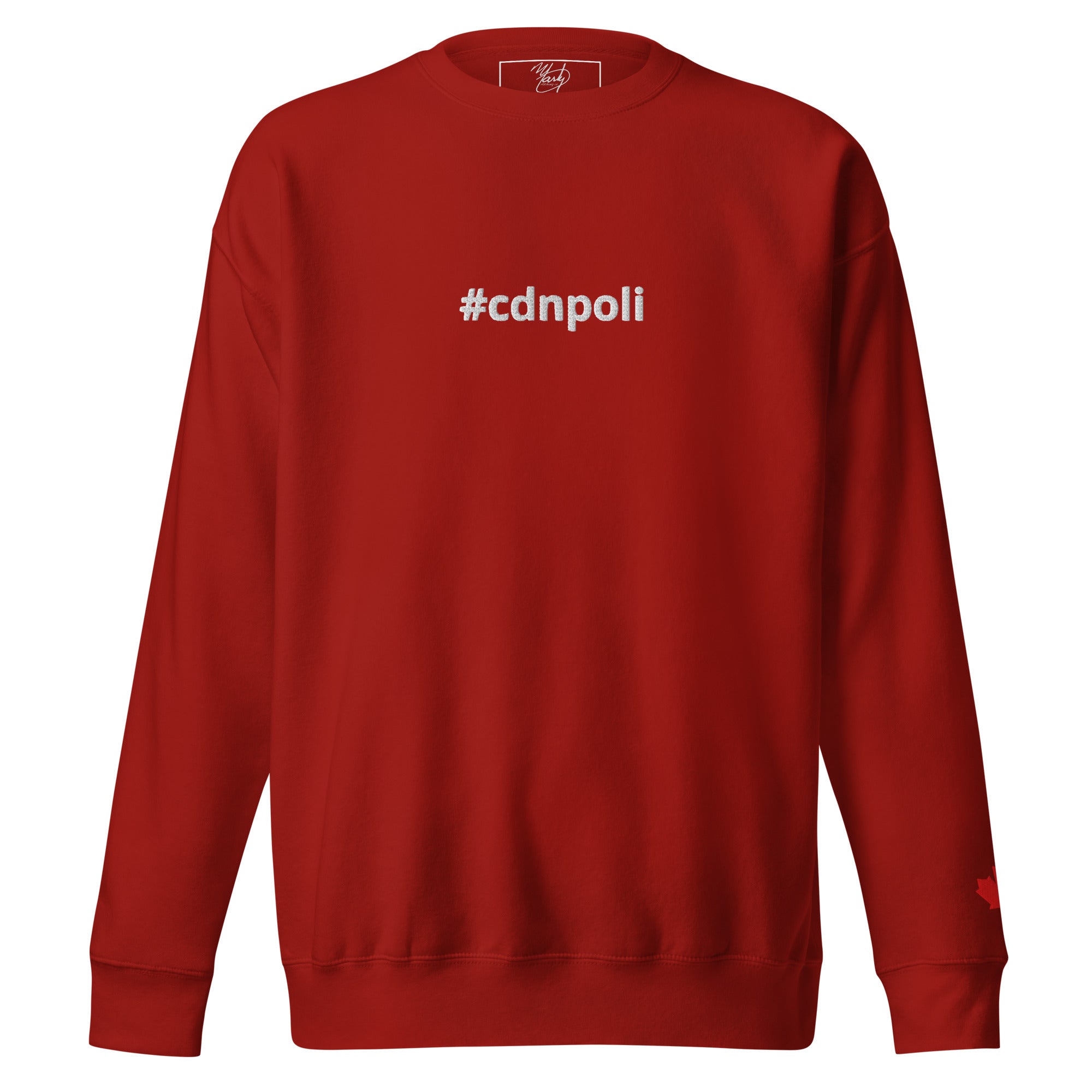#cdnpoli sweatshirt, red with red maple leaf on the left sleeve, Marty Clothing Co., comfortable and stylish.