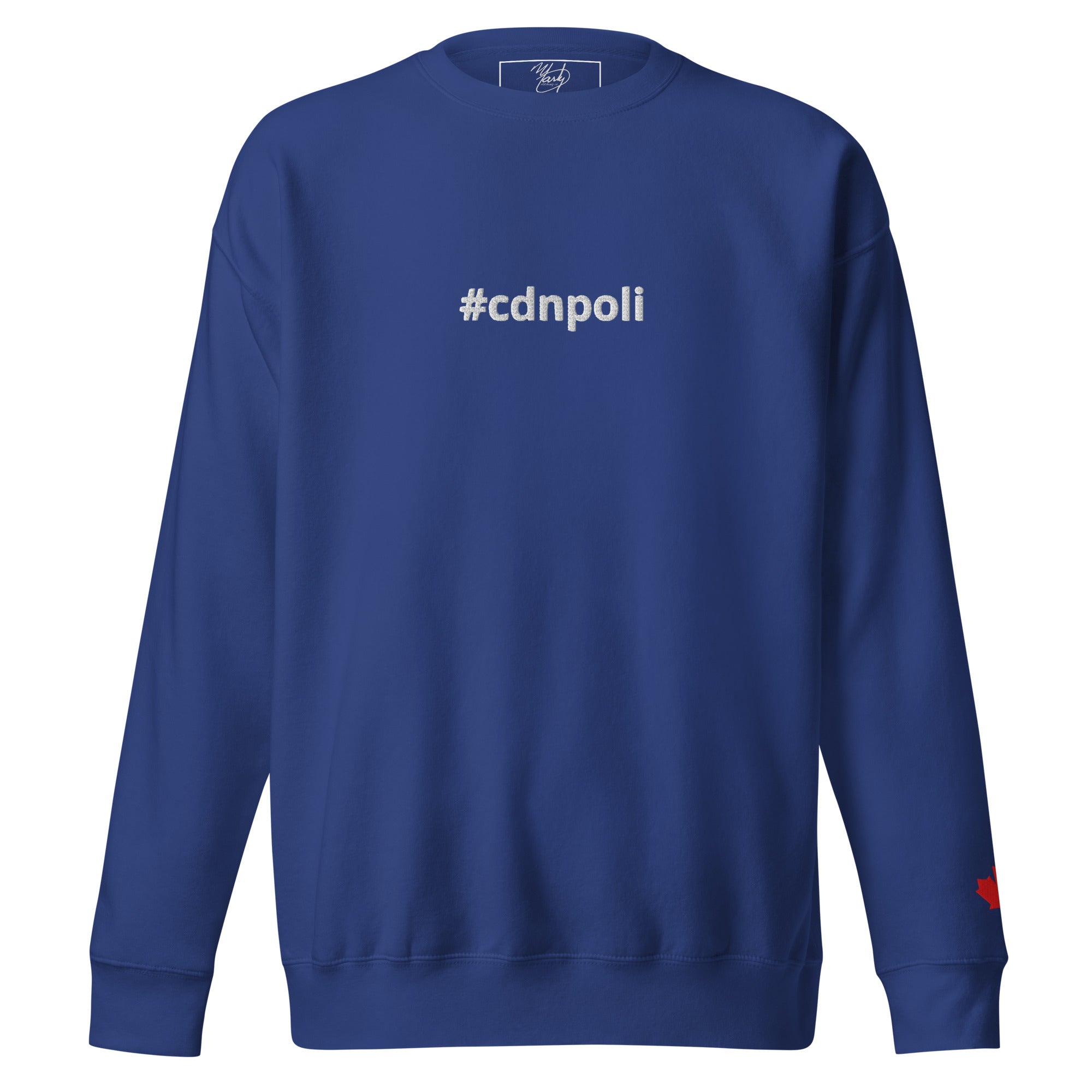 #cdnpoli sweatshirt, sky blue with red maple leaf on the left sleeve, Marty Clothing Co., comfortable and stylish.