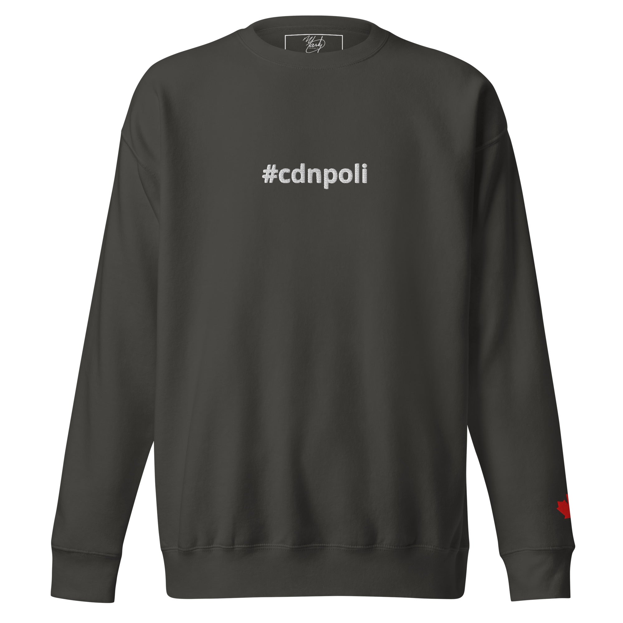 #cdnpoli sweatshirt, storm grey with red maple leaf on the left sleeve, Marty Clothing Co., comfortable and stylish.